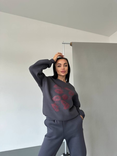 Жіночий світшот на флісі з принтом сірого кольору 29874