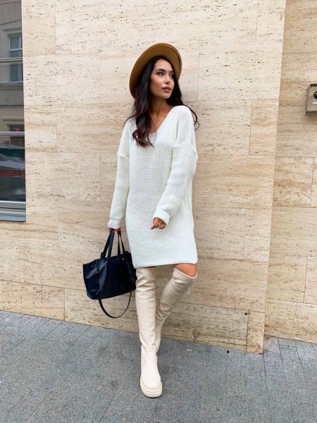 Вязаное платье-туника молочного цвета 29939