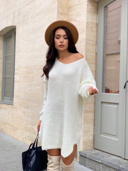 Вязаное платье-туника молочного цвета 29939