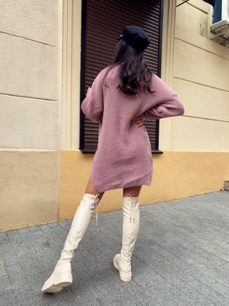 Вязаное платье-туника пудрового цвета 29940