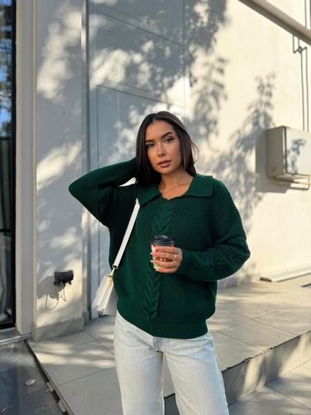 Жіноча кофта з відкладеним коміром зеленого кольору 29959