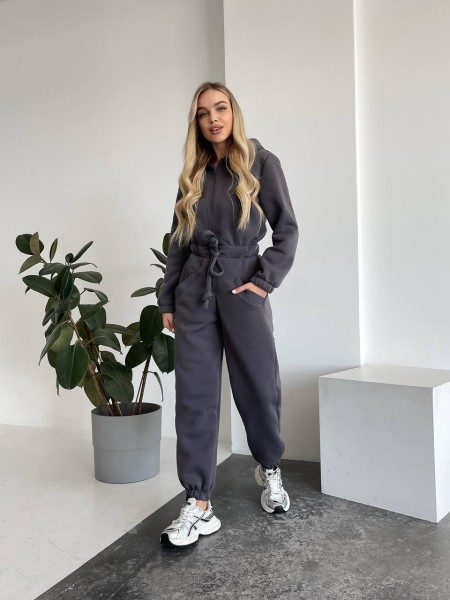 Теплий жіночий комбінезон із вушками графітового кольору 29989