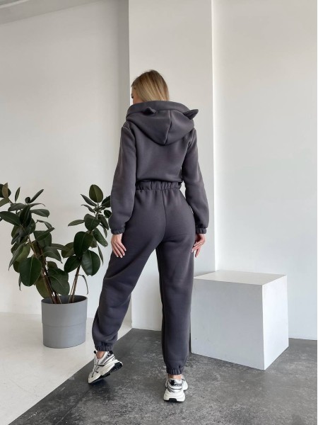 Теплий жіночий комбінезон із вушками графітового кольору 29989