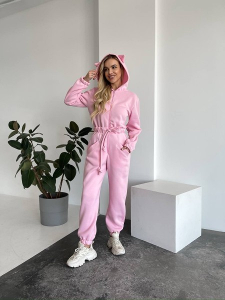 Теплий жіночий комбінезон із вушками рожевого кольору 29990