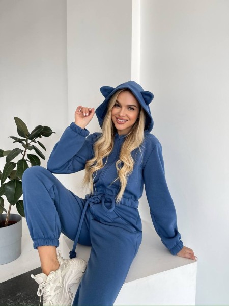 Теплий жіночий комбінезон із вушками синього кольору 29992