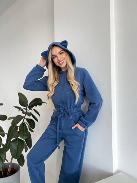 Теплий жіночий комбінезон із вушками синього кольору 29992