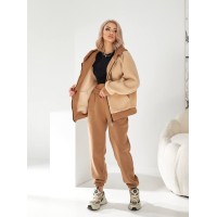 Женский теплый спортивный костюм на меху Тедди бежевого цвета 30034