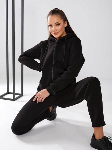 Женский теплый спортивный на флисе черного цвета 30059