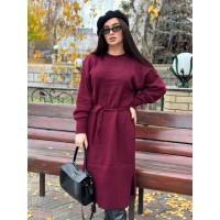 Теплое платье с поясом бордового цвета 30082