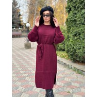 Теплое платье с поясом бордового цвета 30082