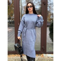 Теплое платье с поясом серого цвета 30084