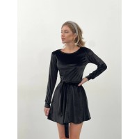 Короткое бархатное платье с поясом черного цвета 30104
