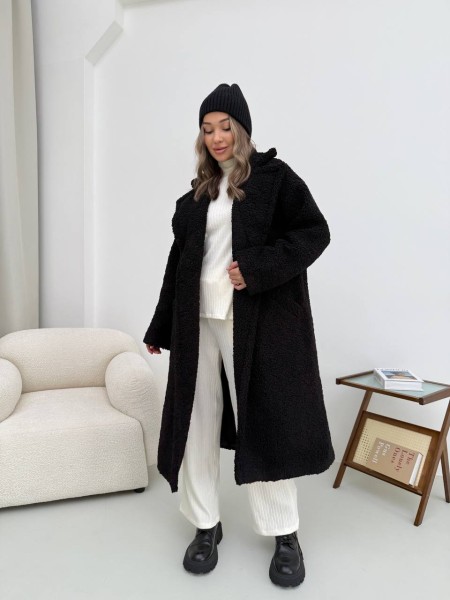 Жіноче тепле пальто з хутра Тедді чорного кольору 30109