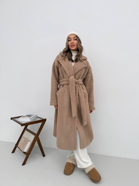 Жіноче тепле пальто з хутра Тедді бежевого кольору 30110