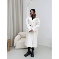 Женское теплое пальто из меха Тедди молочного цвета 30112