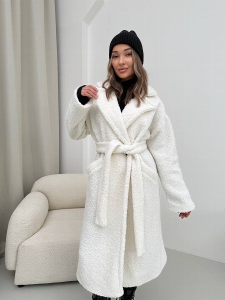 Жіноче тепле пальто з хутра Тедді молочного кольору 30112