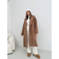 Жіноче тепле пальто з хутра Тедді кавового кольору 30113