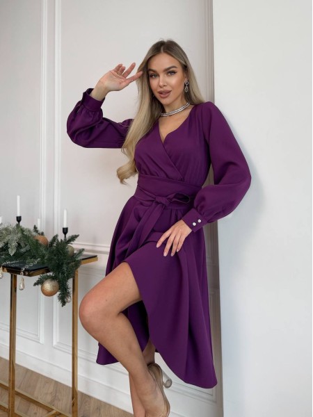 Сукня міді з поясом, фiолетового кольору 30249