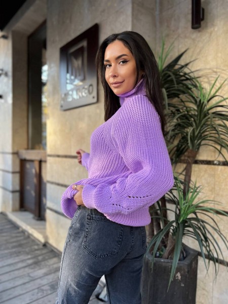 Жіночий однотонний светр із горловиною бузкового кольору 30262