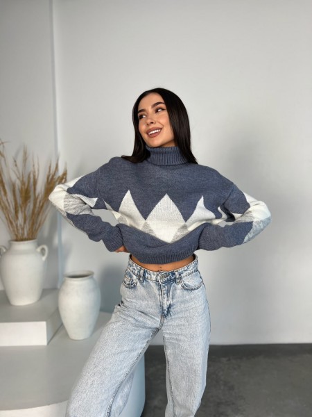 Жіночий теплий светр із горловиною синього кольору 30267