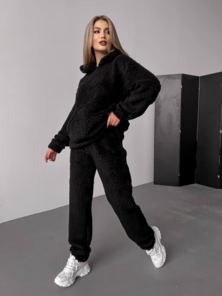 Женский теплый костюм с меха Тедди черного цвета 30297