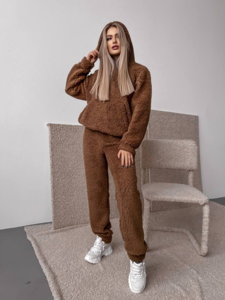 Женский теплый костюм с меха Тедди коричневого цвета 30298