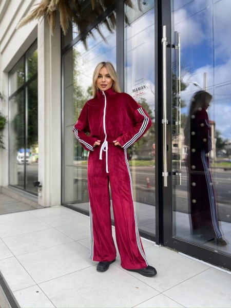 Женский велюровый костюм на змейке бордового цвета 30315