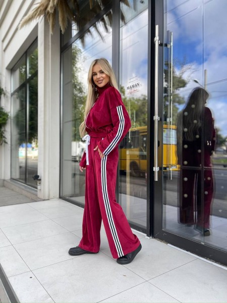 Женский велюровый костюм на змейке бордового цвета 30315