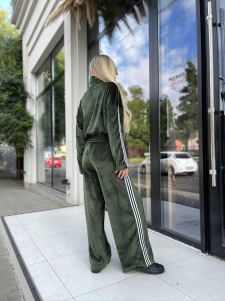 Женский велюровый костюм на змейке цвета хаки 30317