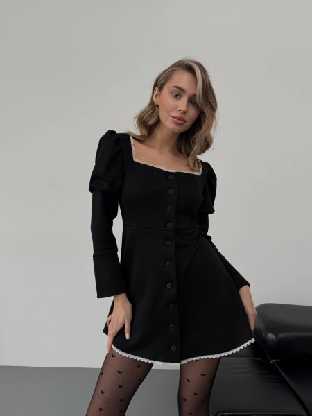 Трикотажное платье мини с белым кружевом, черного цвета 30318