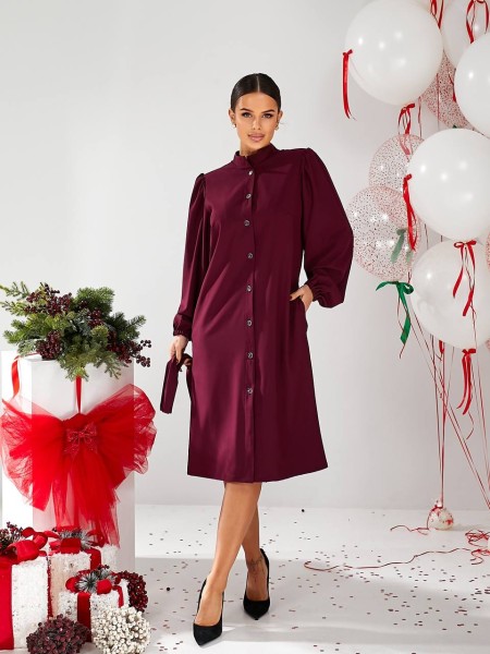 Классическое платье миди на пуговицах бордового цвета 30339