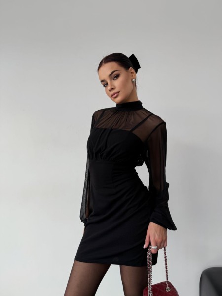 Классическое платье мини с сеткой черного цвета 30409