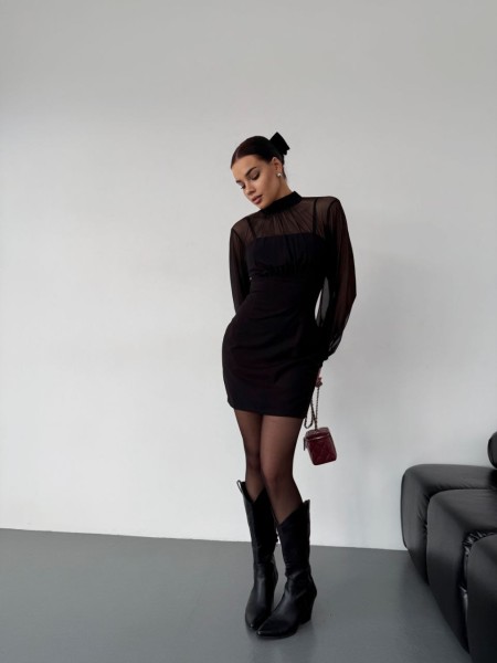 Классическое платье мини с сеткой черного цвета 30409