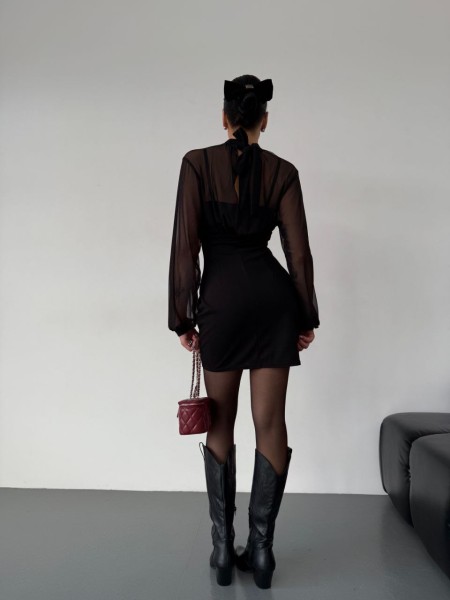 Классическое платье мини с сеткой черного цвета 30409