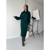 Жіночий теплий костюм зі спідницею смарагдового кольору 30418