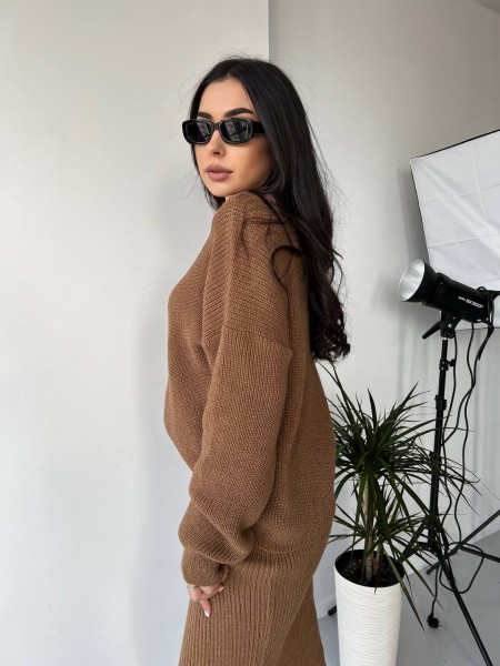 Женский теплый костюм с юбкой кофейного цвета 30421