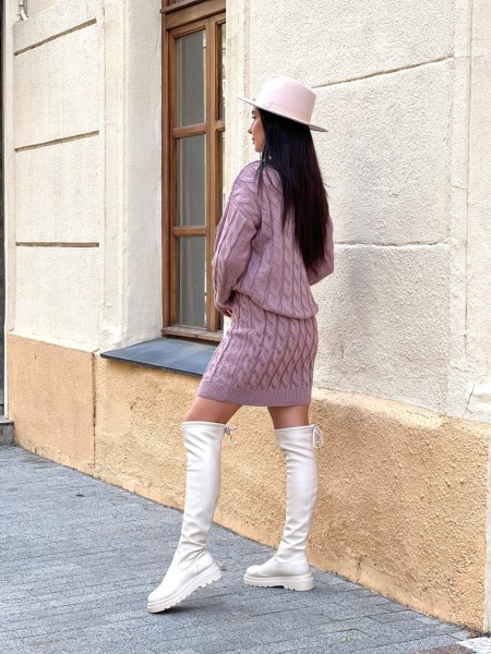 Женский вязаный костюм с юбкой пудрового цвета 30424