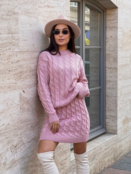 Женский вязаный костюм с юбкой розового цвета 30425