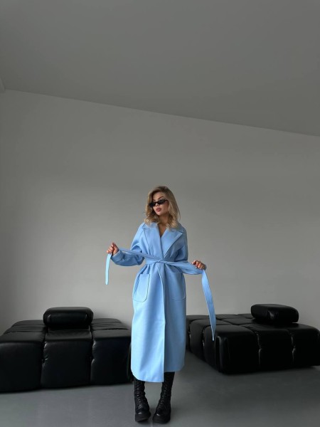 Жіноче кашемірове пальто з накладними карманами блакитного кольору 30432