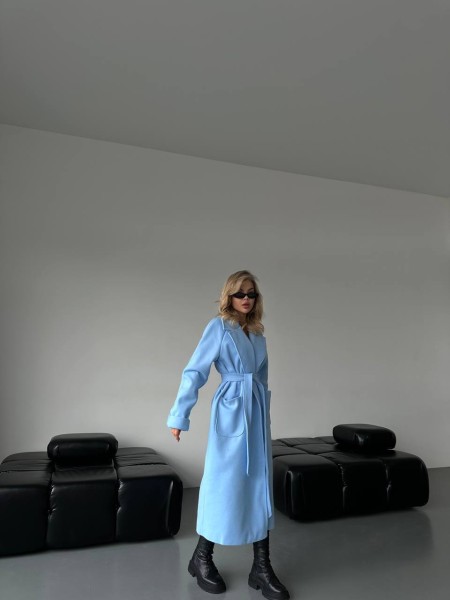 Жіноче кашемірове пальто з накладними карманами блакитного кольору 30432