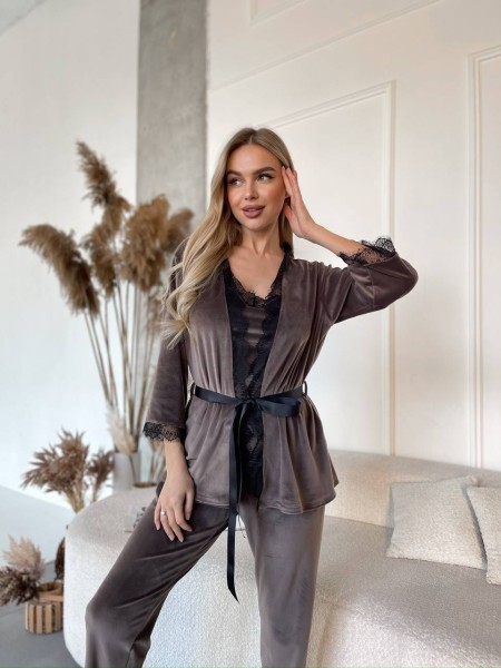 Жіночий костюм-трійка зі штанами кавового кольору 30502