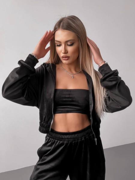 Женский велюровый костюм+топ черного цвета 30597