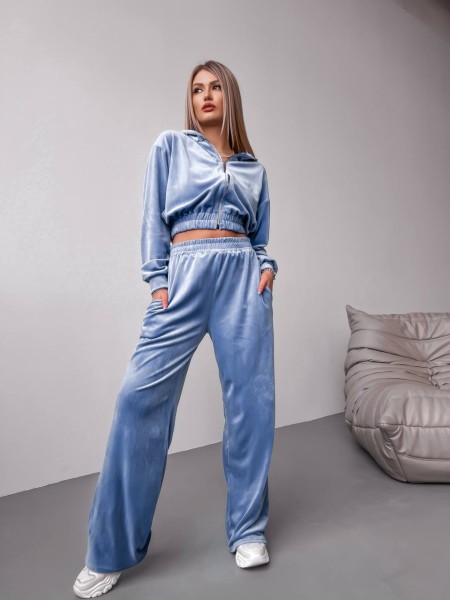 Женский велюровый костюм+топ голубого цвета 30604