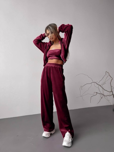 Женский велюровый костюм+топ бордового цвета 30605
