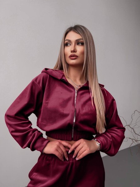 Женский велюровый костюм+топ бордового цвета 30605
