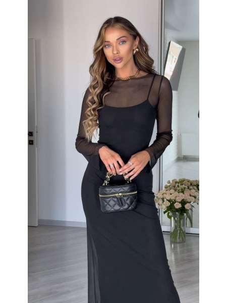 Легка комбінована сукня міді з сіткою чорного кольору 30658