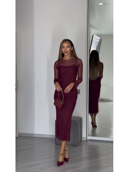 Легка комбінована сукня міді з сіткою бордового кольору 30659
