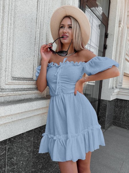 Муслиновое платье мини голубого цвета 30669