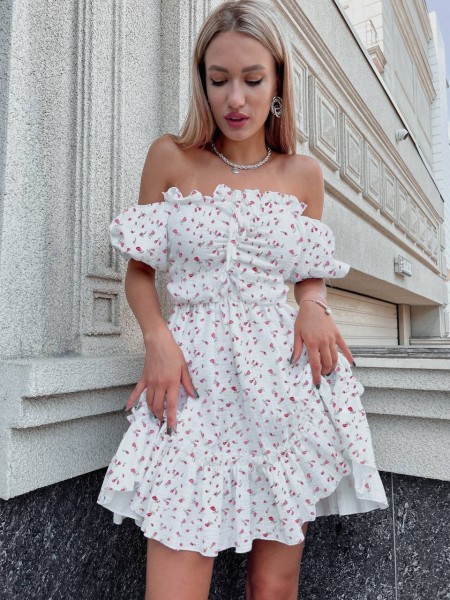 Муслиновое платье мини белого цвета в мелкую розу 30671