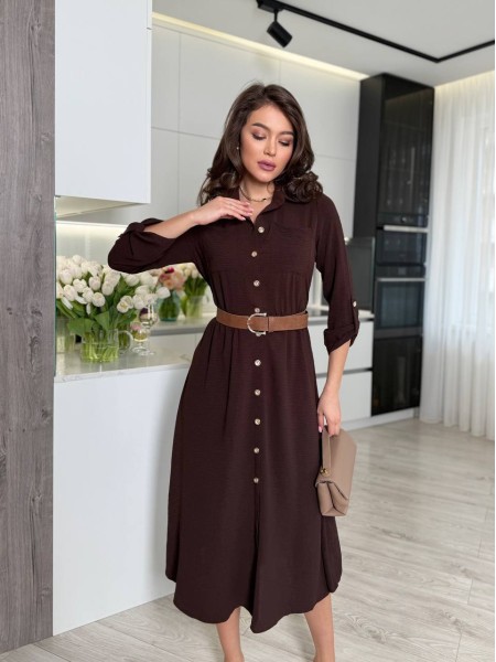 Легка сукня міді на гудзиках коричневого кольору 30706